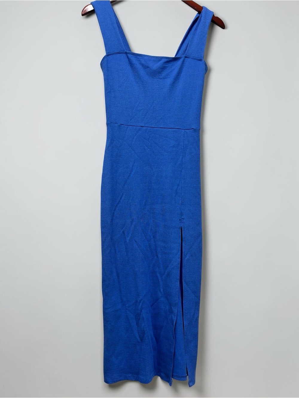 Reformation Cassi Sheath Blue Ribbed Midi Dress with Side Slit - Picture 2 of 7
